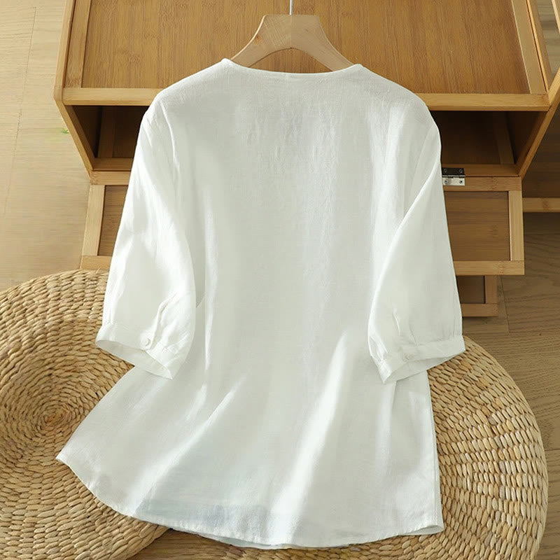 Buddha Stones Damesblouse met effen knoopjes , V-hals en korte Mouwlengte - image 7