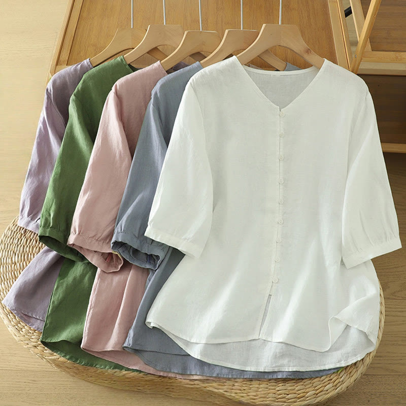 Buddha Stones Damesblouse met effen knoopjes , V-hals en korte Mouwlengte - image 1