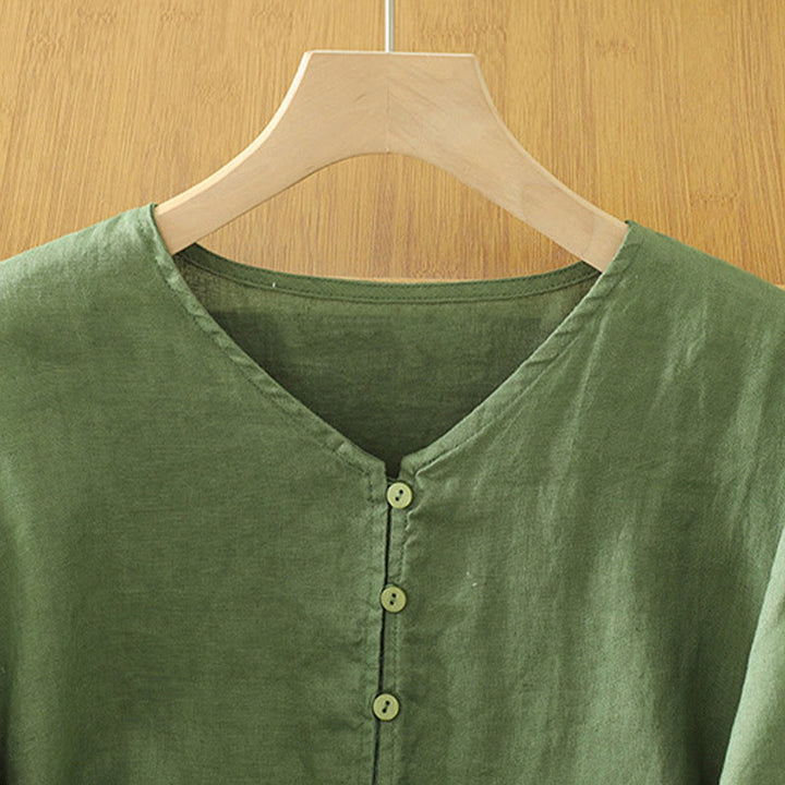 Buddha Stones Damesblouse met effen knoopjes , V-hals en korte Mouwlengte - image 17