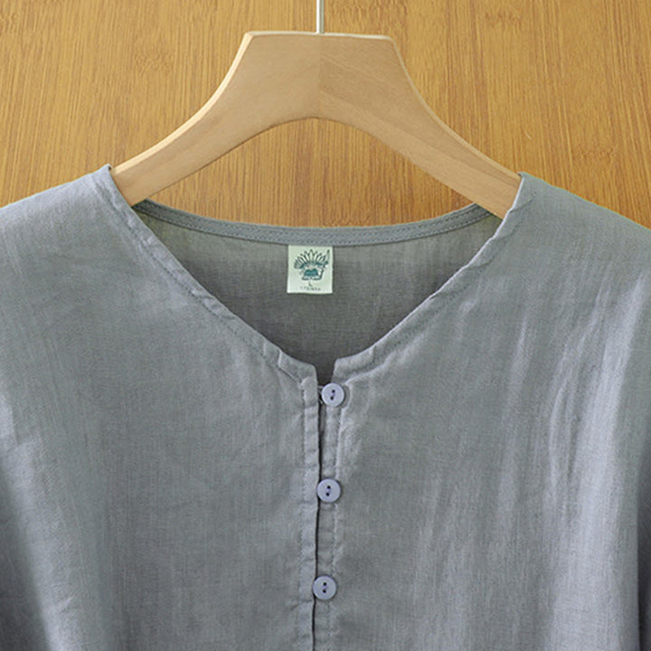 Buddha Stones Damesblouse met effen knoopjes , V-hals en korte Mouwlengte - image 22
