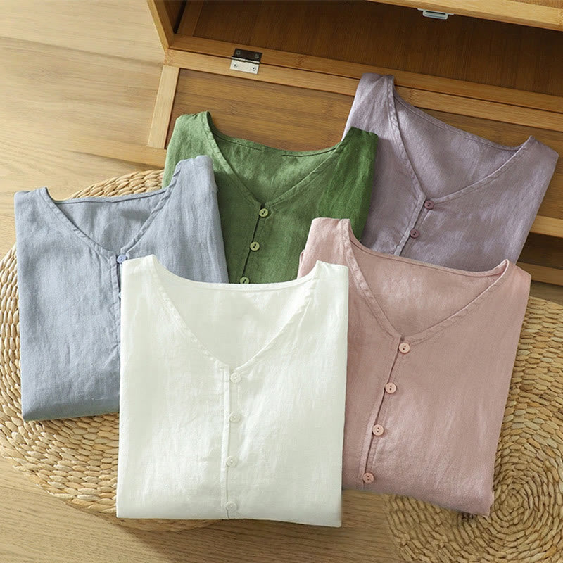 Buddha Stones Damesblouse met effen knoopjes , V-hals en korte Mouwlengte - image 31