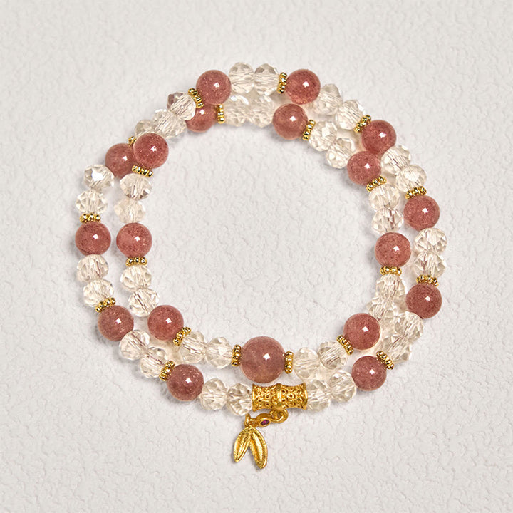 Buddha Stones Natuurlijke aardbeikwarts kristallen bamboe positieve dubbele Armband - Aardbeikwarts (Polsomtrek 14-15 cm) - image 0
