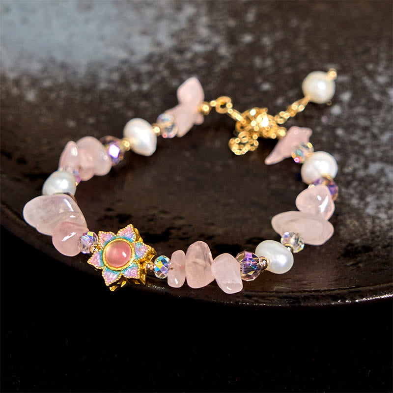Buddha Stones Natuurlijke grind rozenkwarts bloem parel helende Armband - Rozenkwarts (Polsomtrek: 14-16 cm) - image 0