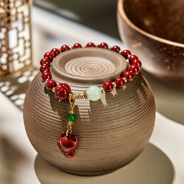 Buddha Stones Cinnabar Lotus schattige vos bedeltje Armband - Cinnaber (Polsomtrek 14-17 cm) - image 0
