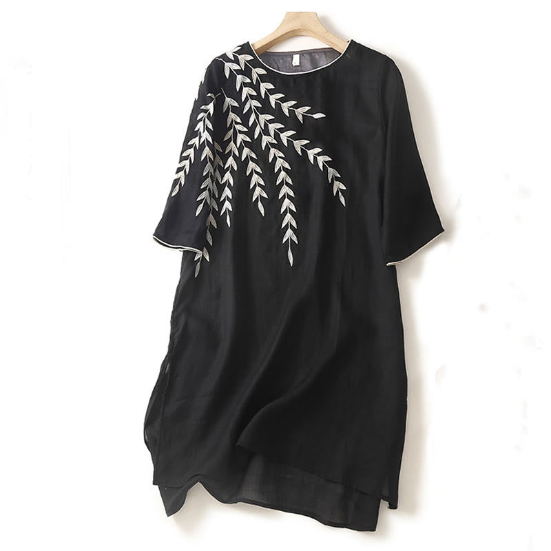 Buddha Stones Casual Midi jurk met borduursels en Mouwlengte - Zwart - US8-10，UK/AU12-14，EU40-42 (2XL) - image 0