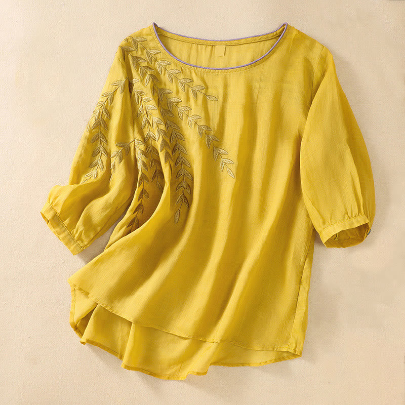 Buddha Stones Geborduurd T-shirt met bladeren voor dames met korte Mouwlengte - Goud - US8-10，UK/AU12-14，EU40-42 (2XL) - image 0