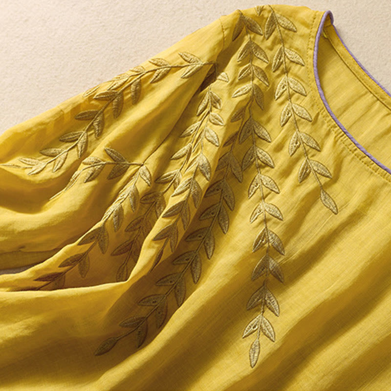 Buddha Stones Geborduurd T-shirt met bladeren voor dames met korte Mouwlengte - image 2