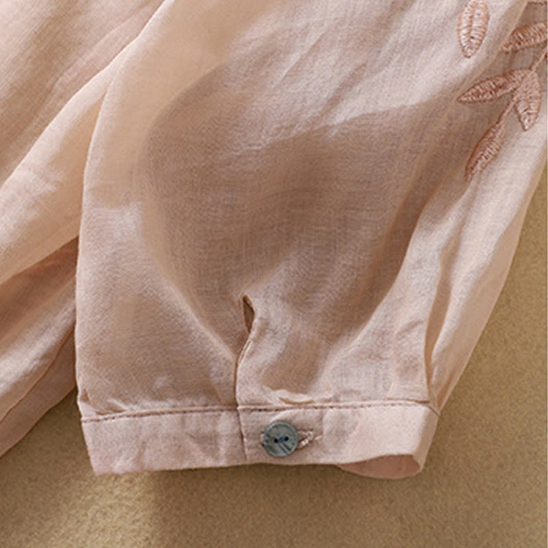 Buddha Stones Geborduurd T-shirt met bladeren voor dames met korte Mouwlengte - image 16