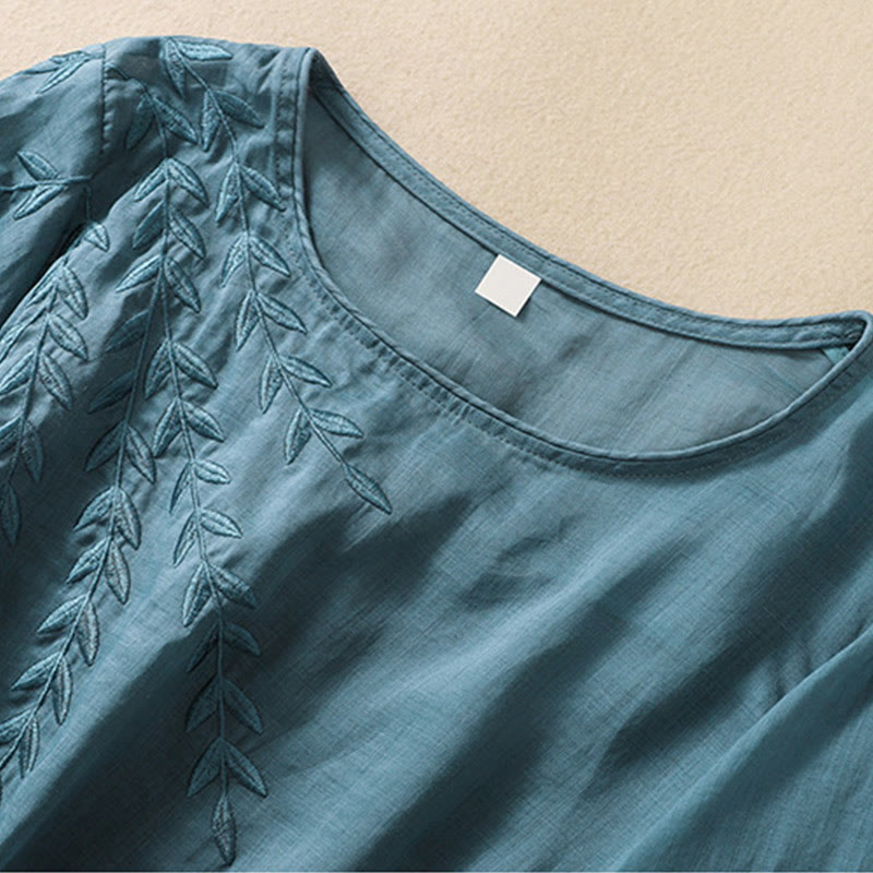 Buddha Stones Geborduurd T-shirt met bladeren voor dames met korte Mouwlengte - image 32