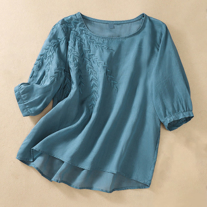 Buddha Stones Geborduurd T-shirt met bladeren voor dames met korte Mouwlengte - Staalblauw - US8-10，UK/AU12-14，EU40-42 (2XL) - image 30