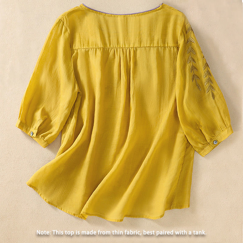 Buddha Stones Geborduurd T-shirt met bladeren voor dames met korte Mouwlengte - image 1