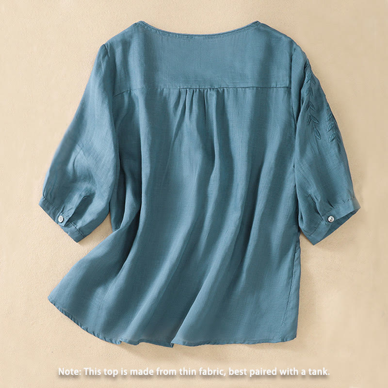 Buddha Stones Geborduurd T-shirt met bladeren voor dames met korte Mouwlengte - image 31