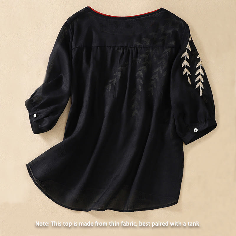 Buddha Stones Geborduurd T-shirt met bladeren voor dames met korte Mouwlengte - image 23