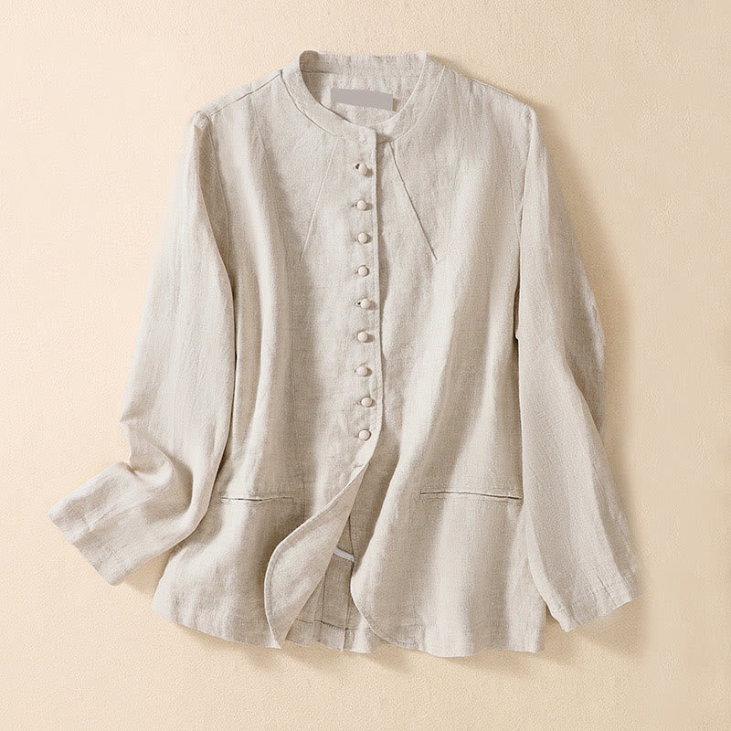 Buddha Stones damesblouse met opstaande kraag , Lange mouw en Zakken - Beige - US8-10，UK/AU12-14，EU40-42 (2XL) - image 0