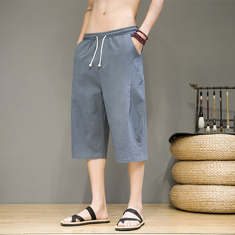 Buddha Stones Casual zomerse harembroek met trekkoord, effen kleur, van katoen en linnen, Cropped model en Zakken voor heren. - image 1