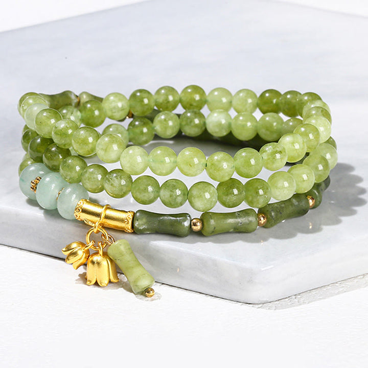 Buddha Stones Retro meerlaagse lelietje-van-de-dalen bamboe groene chalcedoon Armband - image 6