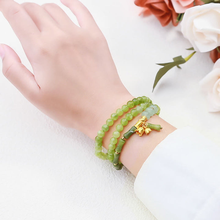 Buddha Stones Retro meerlaagse lelietje-van-de-dalen bamboe groene chalcedoon Armband - image 8