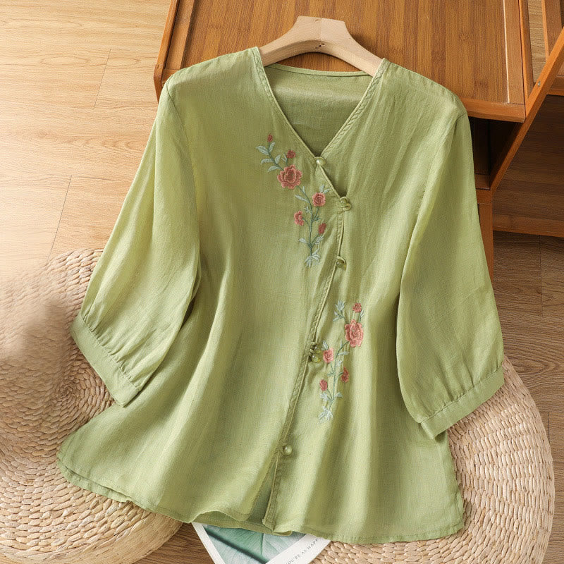 Buddha Stones Damesblouse met V-hals van katoen en geborduurde bloemen - Geelgroen - US12, UK/AU16, EU44 (2XL) - image 7