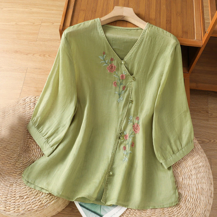 Buddha Stones Damesblouse met V-hals van katoen en geborduurde bloemen - Geelgroen - US12, UK/AU16, EU44 (2XL) - image 7