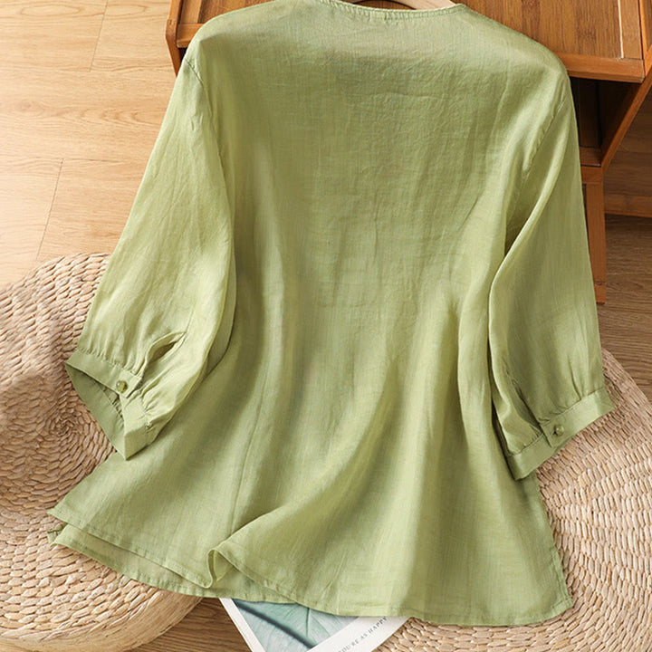 Buddha Stones Damesblouse met V-hals van katoen en geborduurde bloemen - image 9