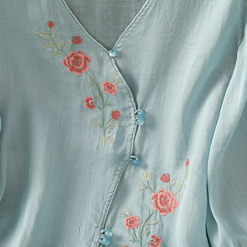 Buddha Stones Damesblouse met V-hals van katoen en geborduurde bloemen - image 5