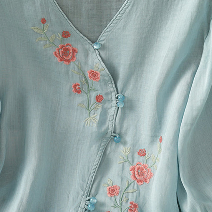 Buddha Stones Damesblouse met V-hals van katoen en geborduurde bloemen - image 5