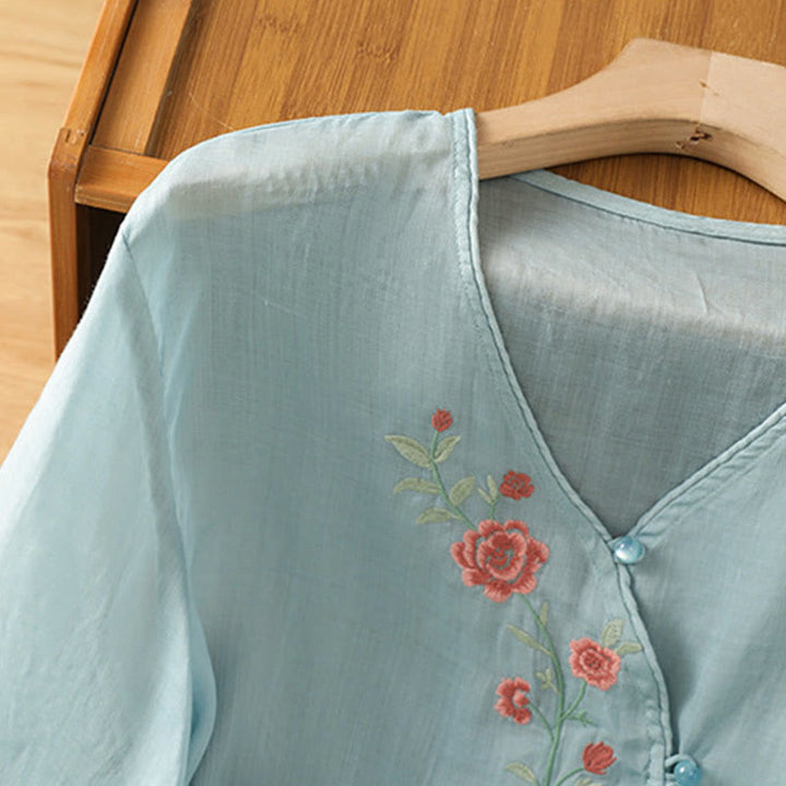 Buddha Stones Damesblouse met V-hals van katoen en geborduurde bloemen - image 6