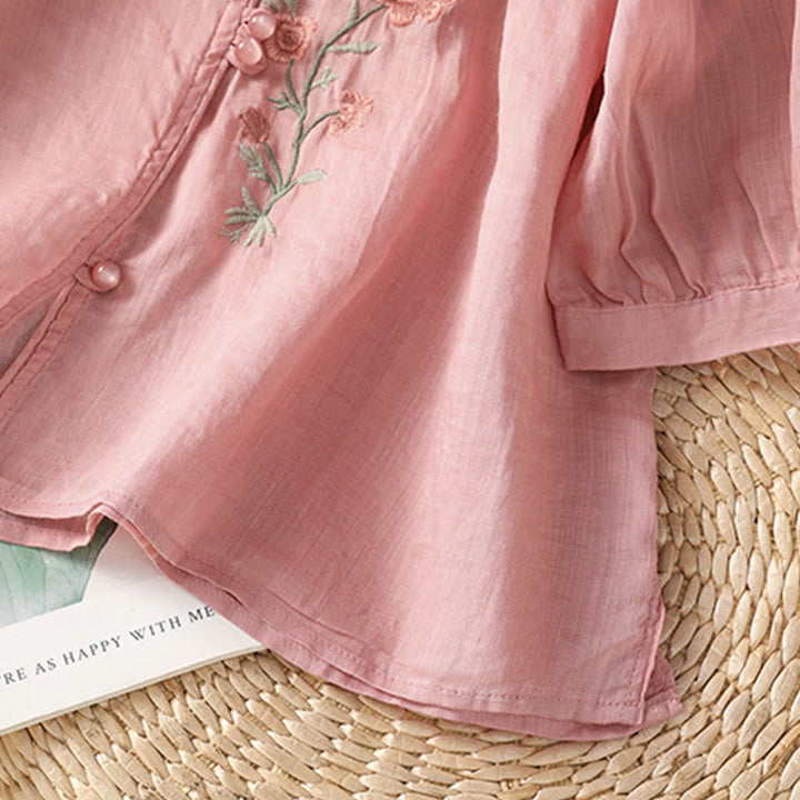 Buddha Stones Damesblouse met V-hals van katoen en geborduurde bloemen - image 15
