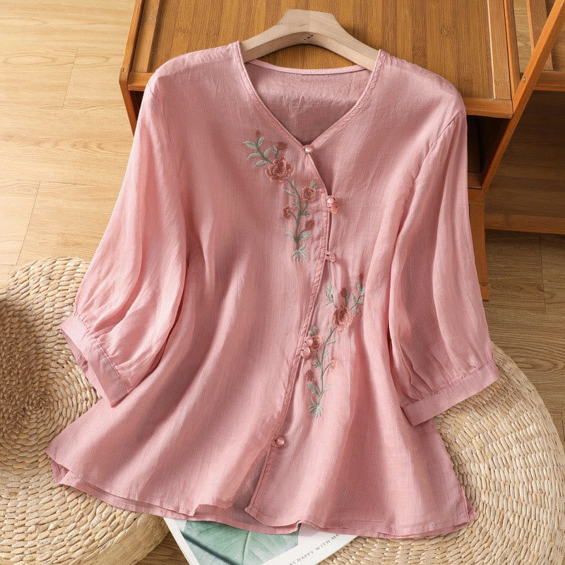 Buddha Stones Damesblouse met V-hals van katoen en geborduurde bloemen - Lichtroze - US12, UK/AU16, EU44 (2XL) - image 13