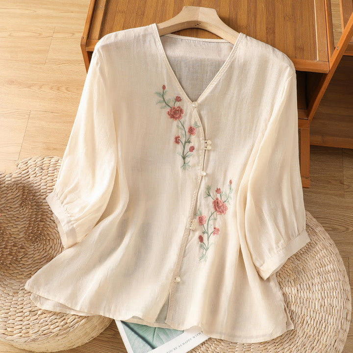 Buddha Stones Damesblouse met V-hals van katoen en geborduurde bloemen - PapayaWhip - US12, UK/AU16, EU44 (2XL) - image 0