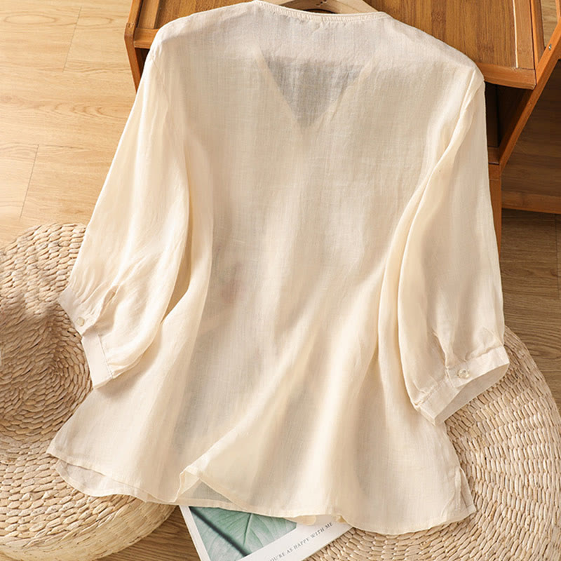 Buddha Stones Damesblouse met V-hals van katoen en geborduurde bloemen - image 2