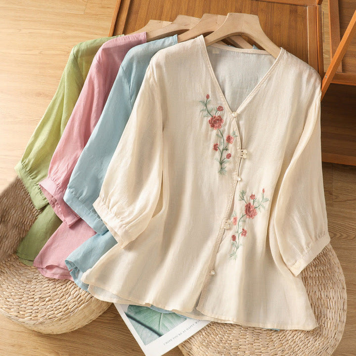 Buddha Stones Damesblouse met V-hals van katoen en geborduurde bloemen - image 19