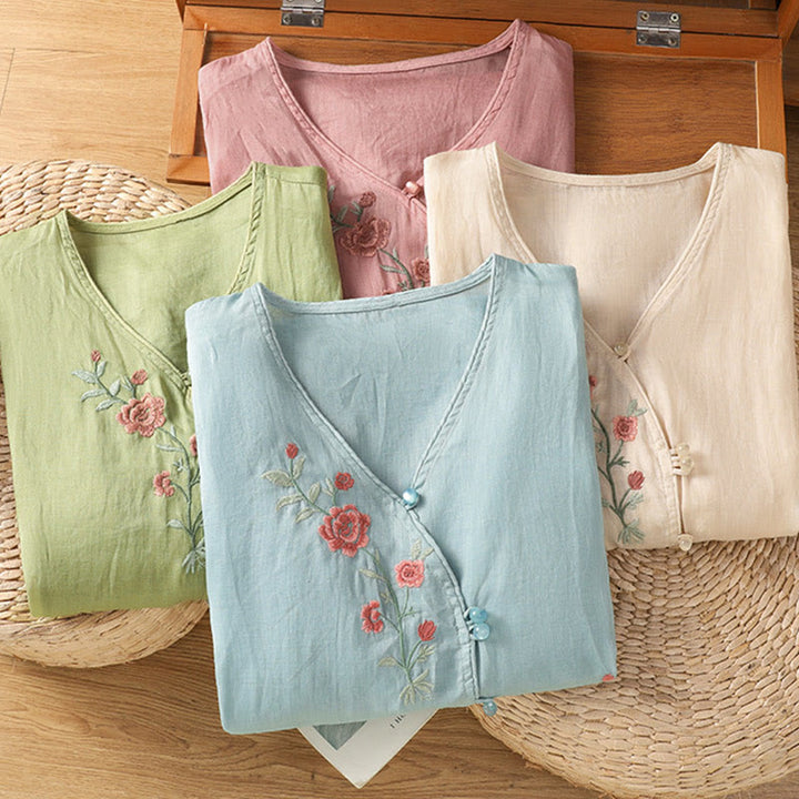 Buddha Stones Damesblouse met V-hals van katoen en geborduurde bloemen - image 18