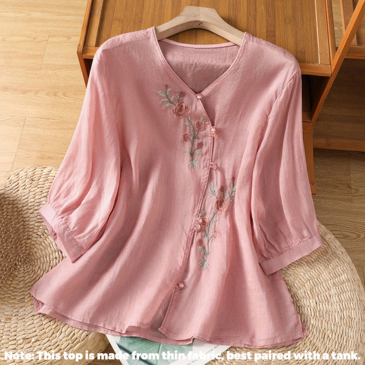 Buddha Stones Damesblouse met V-hals van katoen en geborduurde bloemen - image 14