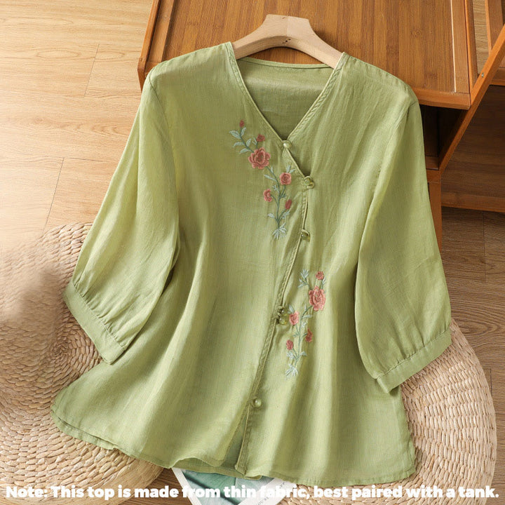 Buddha Stones Damesblouse met V-hals van katoen en geborduurde bloemen - image 8