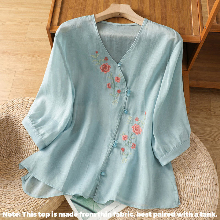 Buddha Stones Damesblouse met V-hals van katoen en geborduurde bloemen - image 4