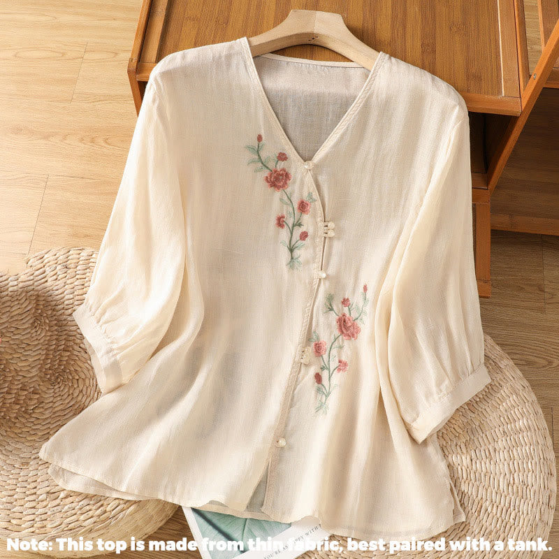 Buddha Stones Damesblouse met V-hals van katoen en geborduurde bloemen - image 1