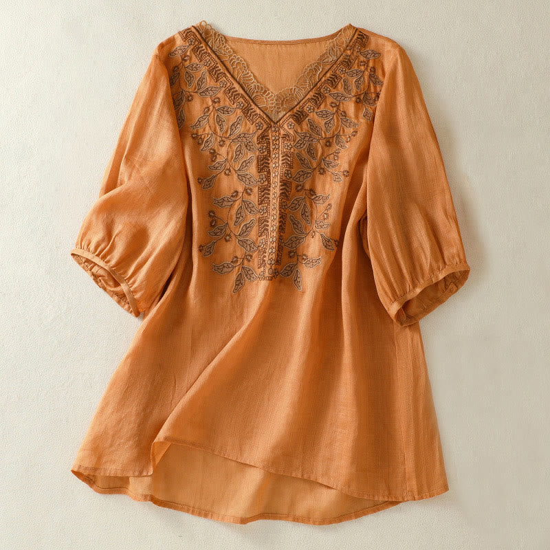 Buddha Stones Casual katoenen linnen T-shirt met korte Mouwlengte en geborduurd kant voor dames. - Chocolade - US8-10，UK/AU12-14，EU40-42 (2XL) - image 0
