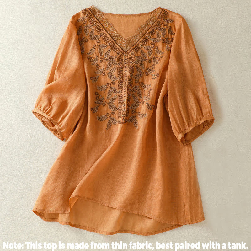 Buddha Stones Casual katoenen linnen T-shirt met korte Mouwlengte en geborduurd kant voor dames. - image 1