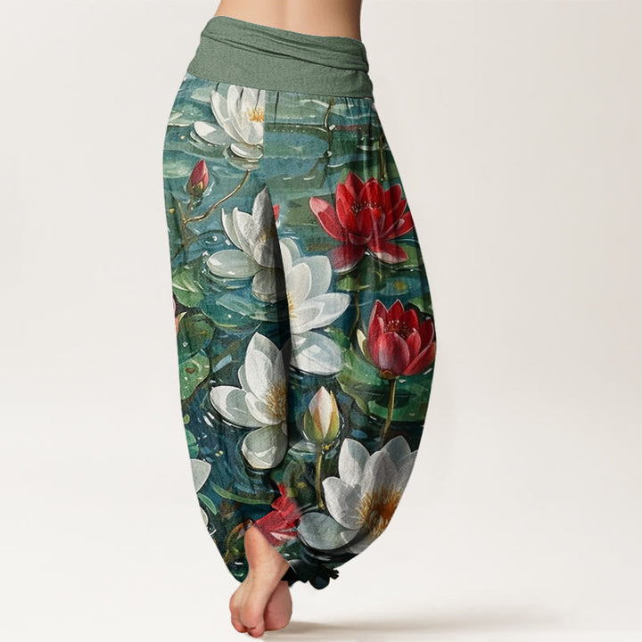Buddha Stones Casual katoenen harembroek met rode lotusbloemprint en elastische Taille voor dames. - image 2