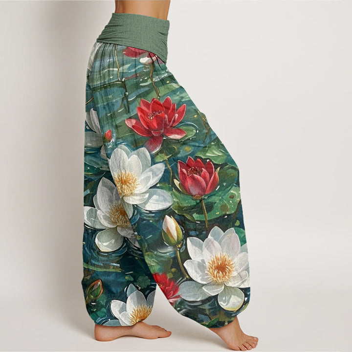 Buddha Stones Casual katoenen harembroek met rode lotusbloemprint en elastische Taille voor dames. - image 1