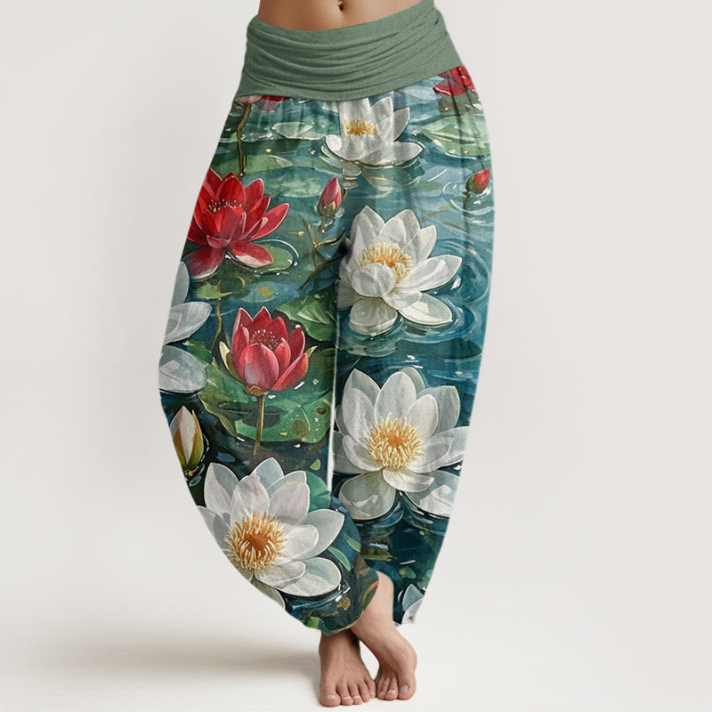Buddha Stones Casual katoenen harembroek met rode lotusbloemprint en elastische Taille voor dames. - Bosgroen - US22, UK/AU26, EU54 (6XL) - image 0