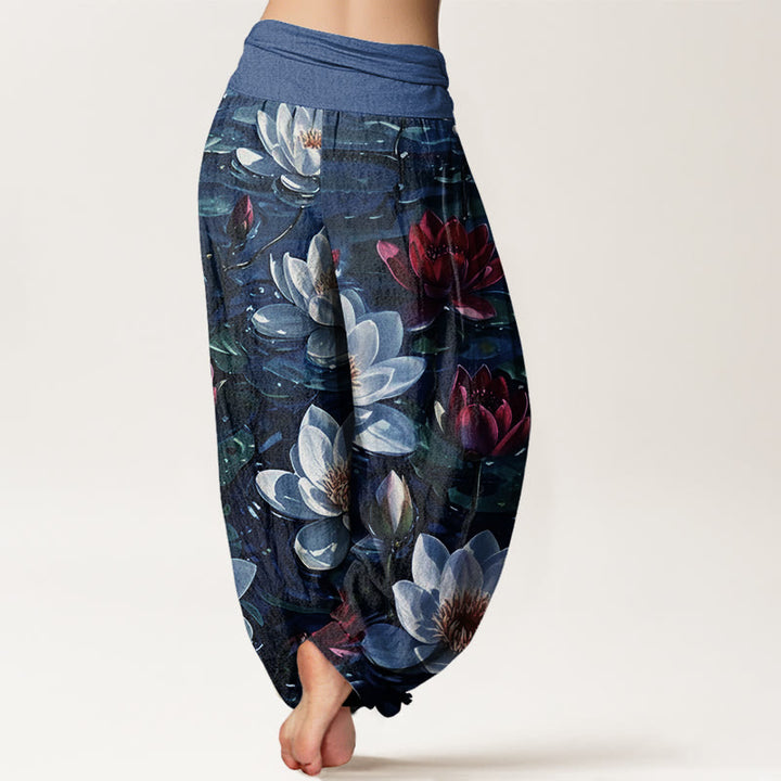 Buddha Stones Casual katoenen harembroek met rode lotusbloemprint en elastische Taille voor dames. - image 6