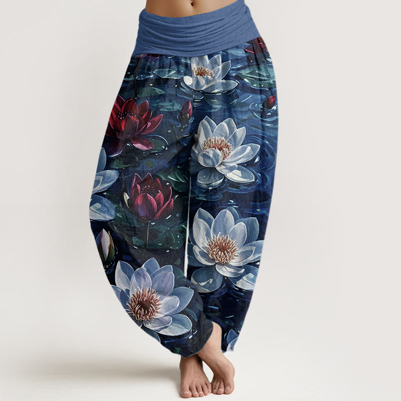 Buddha Stones Casual katoenen harembroek met rode lotusbloemprint en elastische Taille voor dames. - Middenblauw - US22, UK/AU26, EU54 (6XL) - image 4
