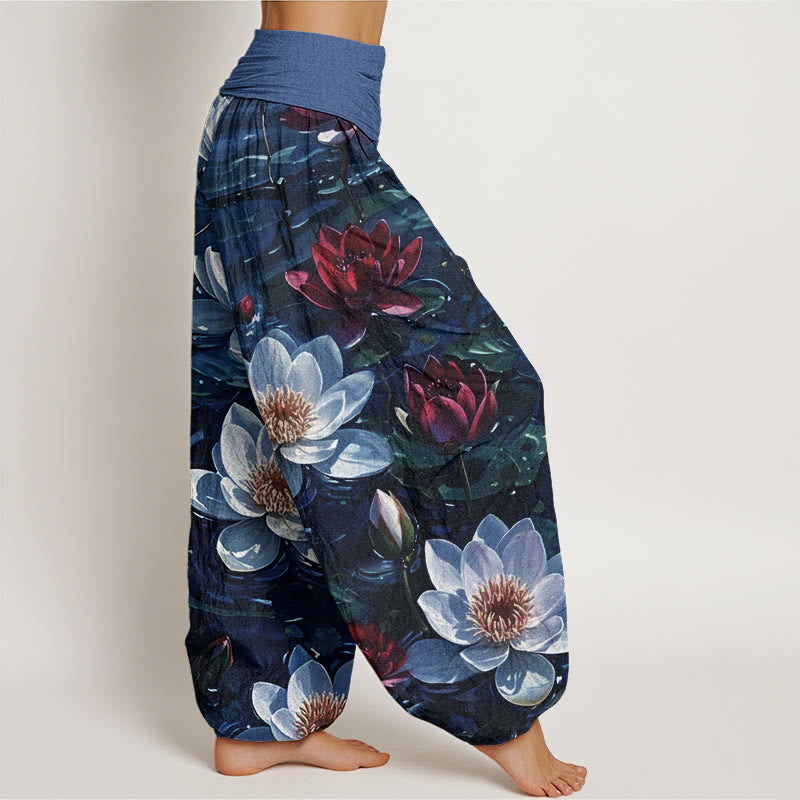 Buddha Stones Casual katoenen harembroek met rode lotusbloemprint en elastische Taille voor dames. - image 5