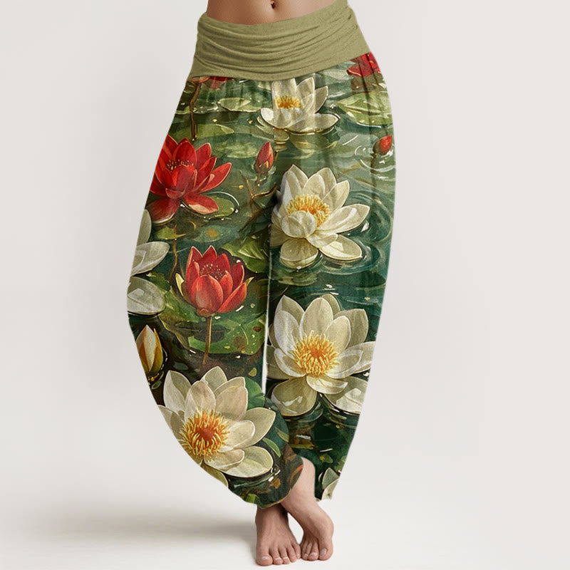 Buddha Stones Casual katoenen harembroek met rode lotusbloemprint en elastische Taille voor dames. - Olijf - US22, UK/AU26, EU54 (6XL) - image 7