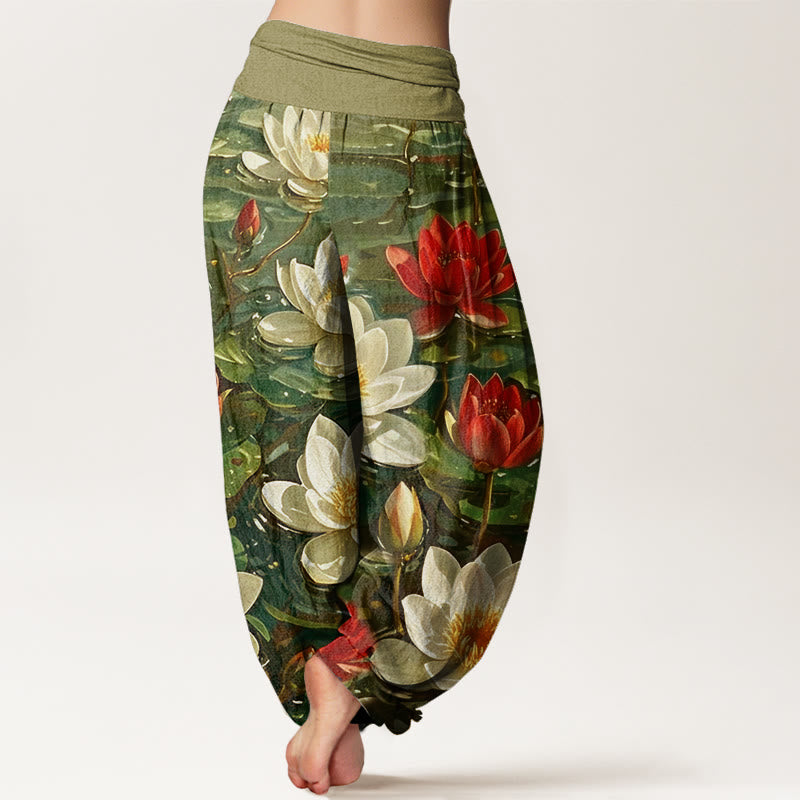 Buddha Stones Casual katoenen harembroek met rode lotusbloemprint en elastische Taille voor dames. - image 9