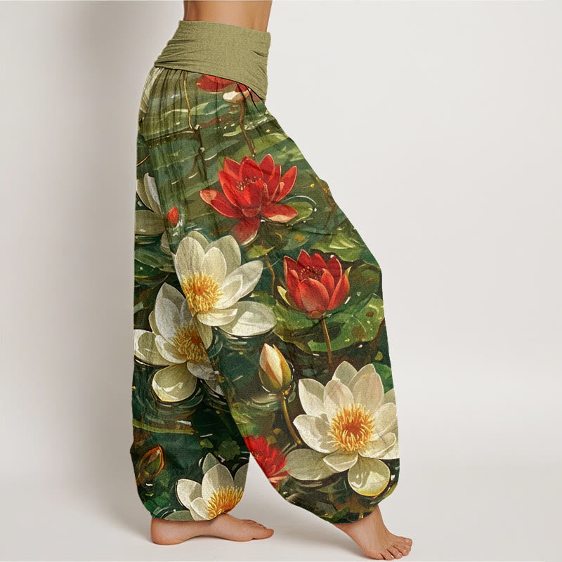 Buddha Stones Casual katoenen harembroek met rode lotusbloemprint en elastische Taille voor dames. - image 8