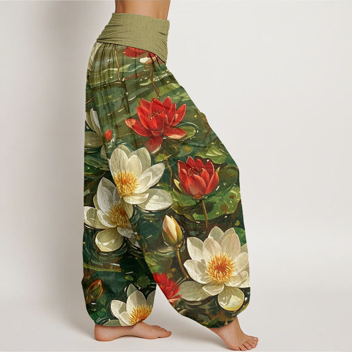 Buddha Stones Casual katoenen harembroek met rode lotusbloemprint en elastische Taille voor dames. - image 8