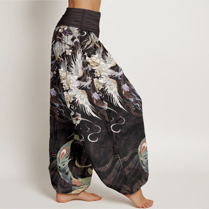 Buddha Stones Harembroek voor dames met elastische Taille en feniksbloemenprint van 100% Cotton - image 10